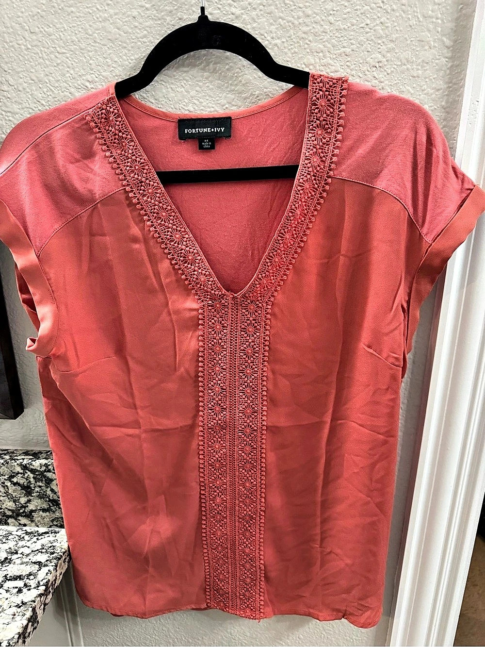Fortune + Ivy Lace Trim V-Neck Blouse in Pink Medium